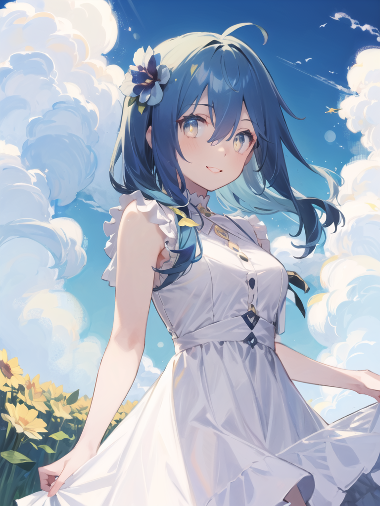 10162-273909389-1girl, rimuru tempest, bangs, light blue hair, yellow eyes,breasts, blue sky, cloud, day, dress, hair between eyes, flock, flowe.png